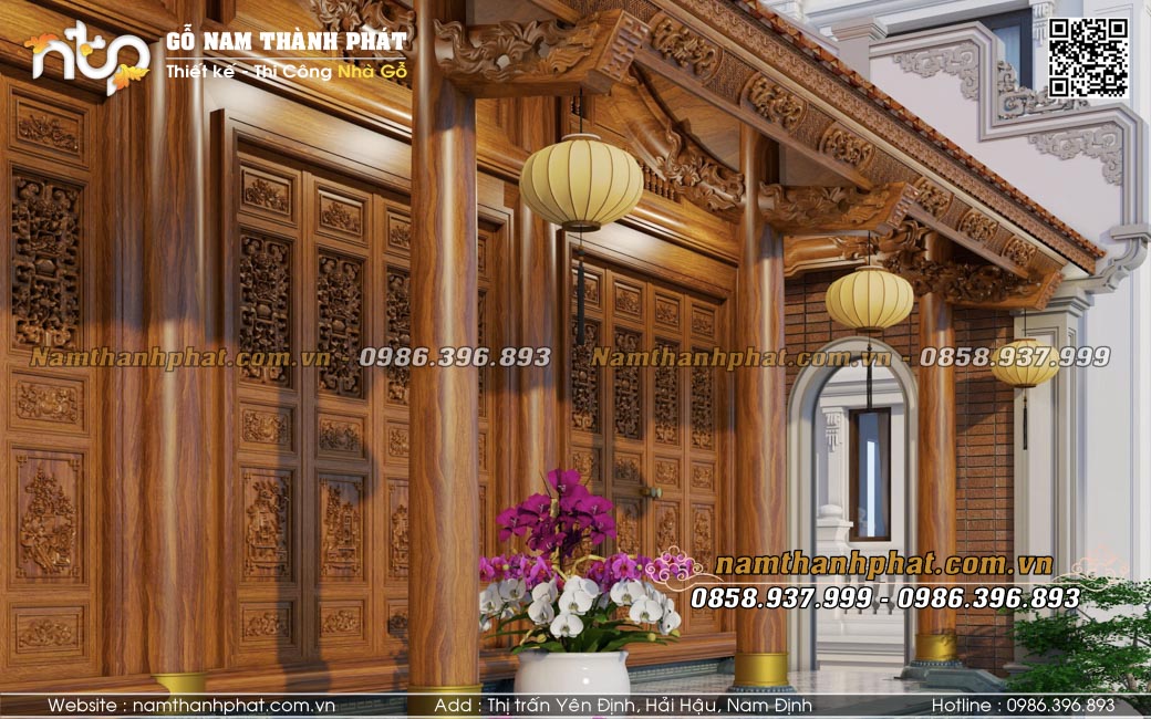 Phối cảnh 3D ngoại thất nhà gỗ 3 gian